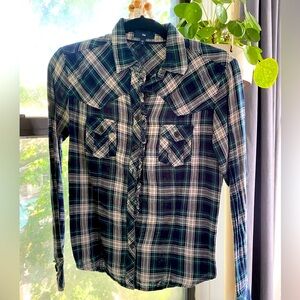 Gap Navy & Green Plaid Button Down